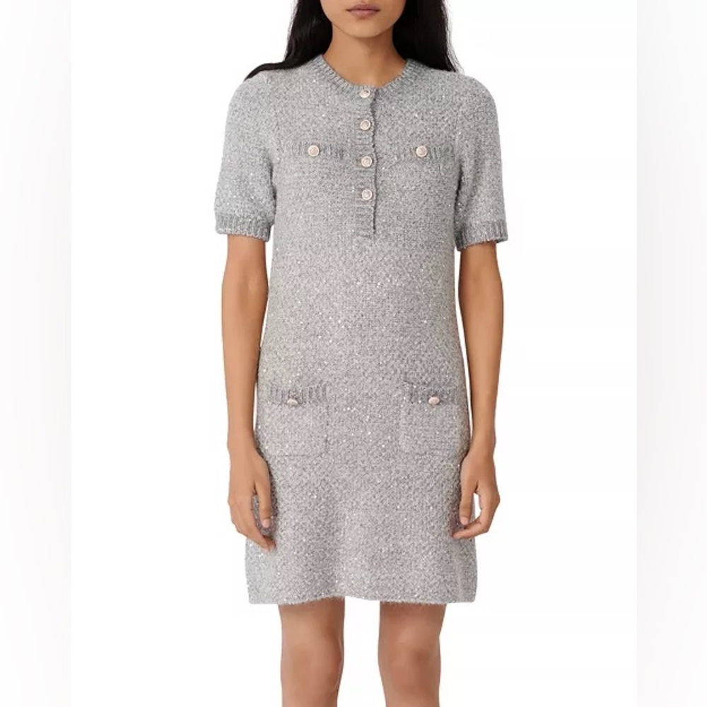 Maje Raveno Knit Sequined Shirt Dress
